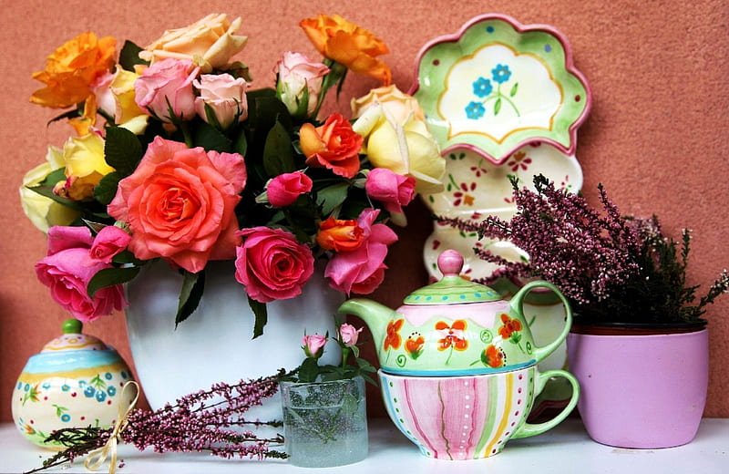 Still Life, bouquet, vase, roses, tea, porcelain, HD wallpaper