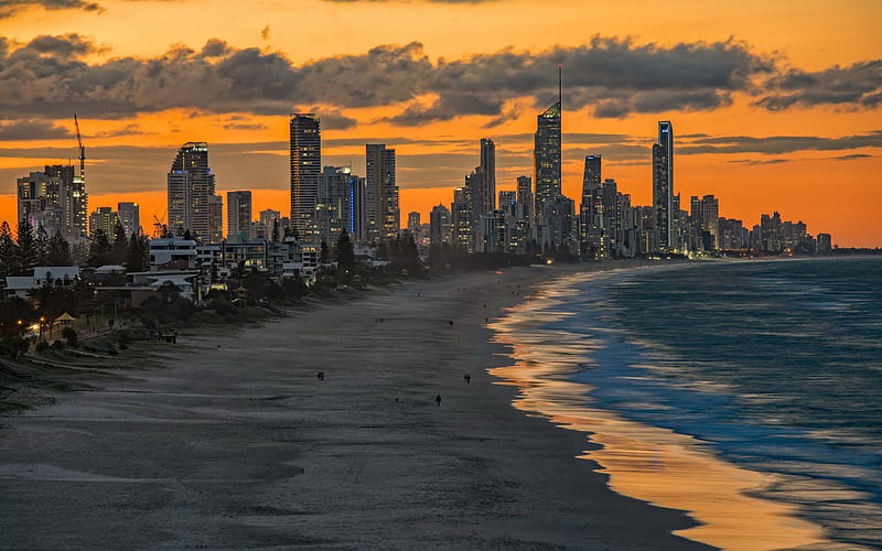 Miami Beach, Sunset, Florida, beach, skyscrapers, Miami, USA, ocean, HD wallpaper