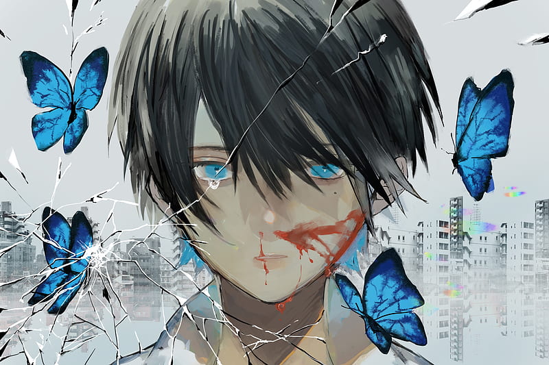 Anime boy, shattered emotions, butterflies, blue eyes, Anime, HD wallpaper  | Peakpx