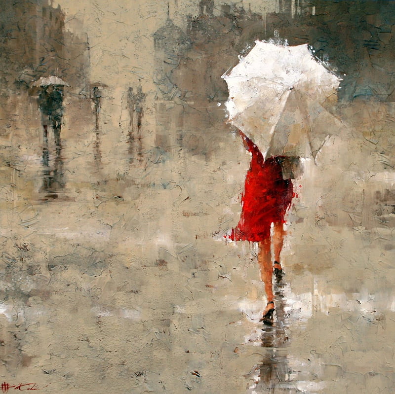 Umbrella Girl, rain, Andre Kohn, Red, Umbrella, Girl, Painting, HD wallpaper