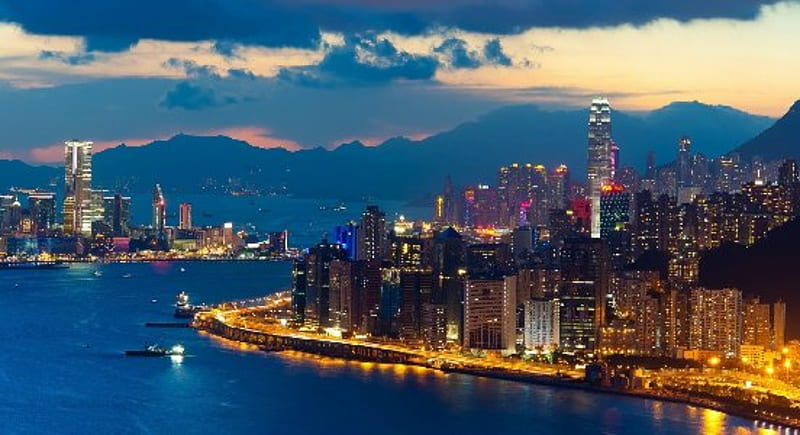 Hong Kong World Architecture Cities Buildings Skyscrapers Night Lights r Window Signs Neon Shore Sound Bay Water Vehicles Ships Skyline Cityscape Mountains Sky Clouds Sunset Sunrise Scenic Background, HD wallpaper