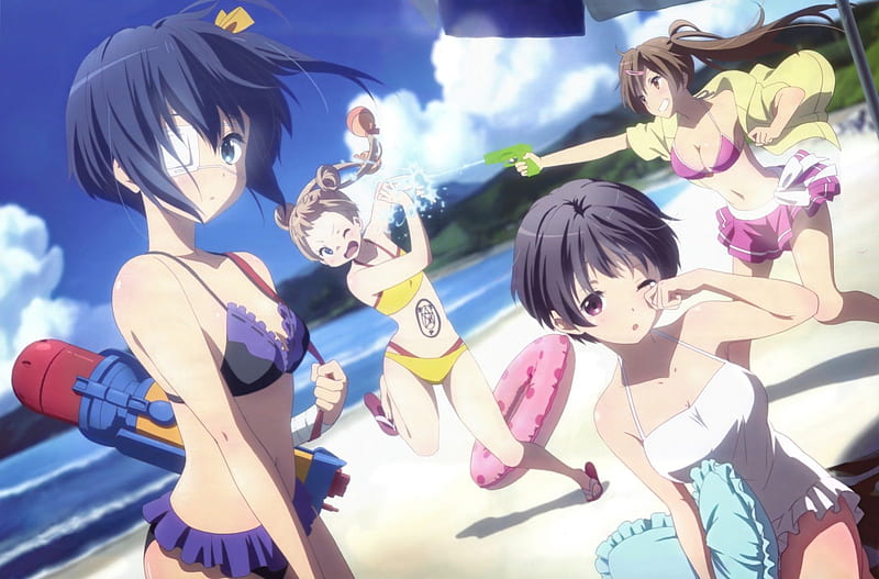 Water Gun Fight!!, beach, sand, water guns, anime, summer, girls, fun, bathing suits, HD wallpaper