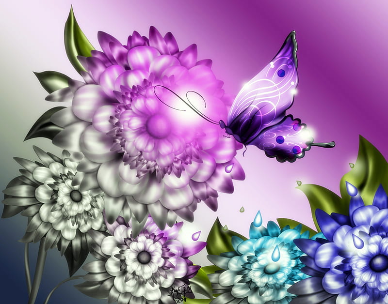 ✰Butterfly bring color to flowers✰, pretty, wonderful, chic, sweet, fantasy, paintings, butterfly, splendor, colored, love, flowers, pollen, Karlajkitty, wings, lovely, digital painting, abstract, hop CS5E, cute, water, cool, splendidly, droplets, flying, colorful, bonito, digital art, leaves, fractals, magnificent, animals, airbrush, amazing, colors, brings, airbrushing, Colorizer, magical, petals, HD wallpaper