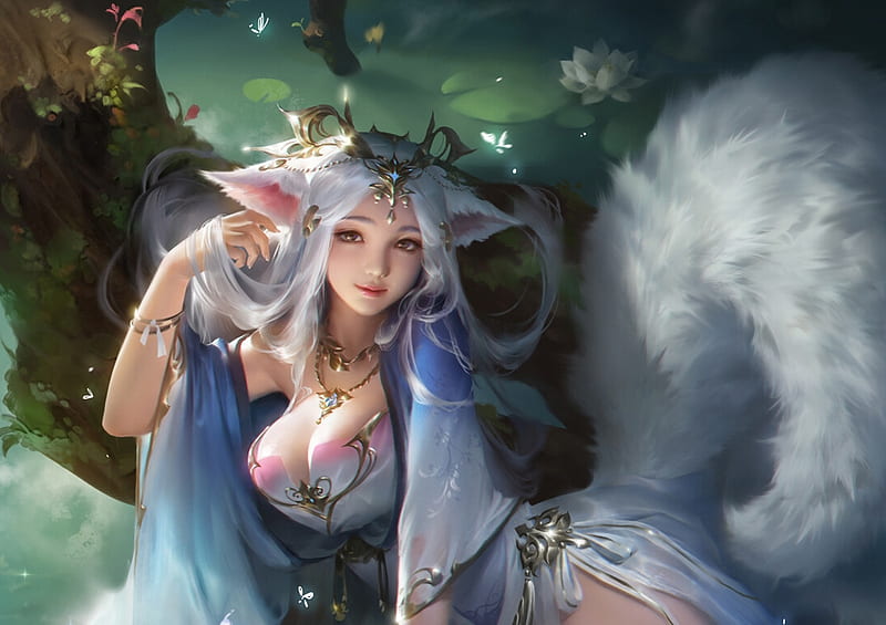 Ahri, yuanyuan wang, frumusete, vulpe, fantasy, nine tails, girl, fox, luminos, HD wallpaper