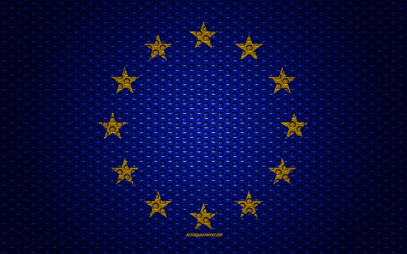 Flag of European Union creative art, metal mesh texture, EU flag, national symbol, metal flag, European Union, Europe, HD wallpaper