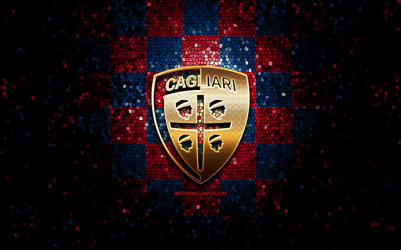 Cagliari FC, glitter logo, Serie A, blue purple checkered background, soccer, Cagliari Calcio, italian football club, Cagliari logo, mosaic art, football, Italy, HD wallpaper