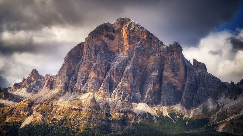 Mount Lagazuoi, Dolomites, Italy, rocks, mist, landscape, clouds, trees, sky, alps, HD wallpaper