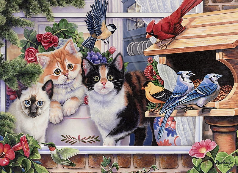 lack Glad Maneuver Kittens and bird, art, bird, painting, pasari, jenny newland, kitten,  pisici, HD wallpaper | Peakpx