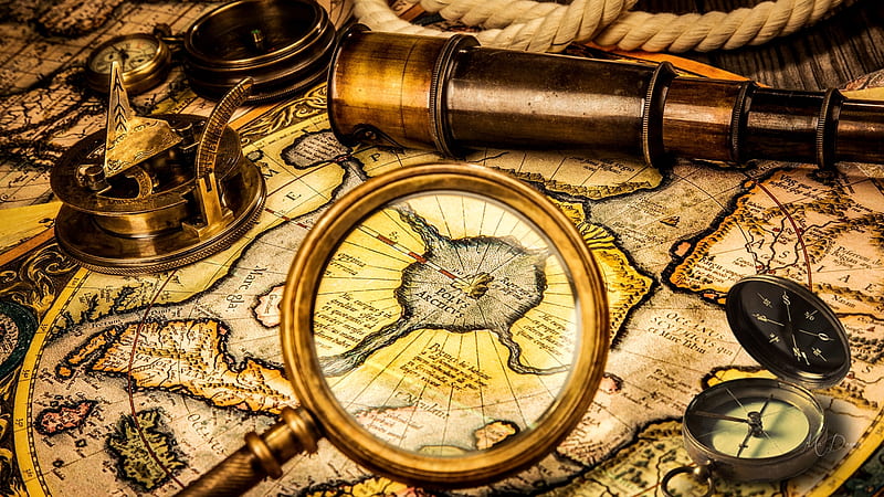 Found on a Ship, sepia, sundial compass, ap, magnifying glasses, rope, compass, navigate, ship, telescope, map, Firefox Persona theme, vintage, HD wallpaper