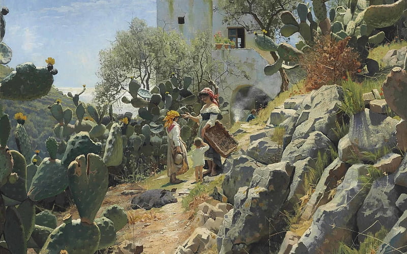 At noon on a cactus plantation in Capri, art, girl, painting, capri, woman, peder mork monsted, cactus, HD wallpaper