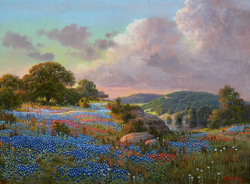 Flower painting, art, cloud, painting, flower, field, HD wallpaper | Peakpx