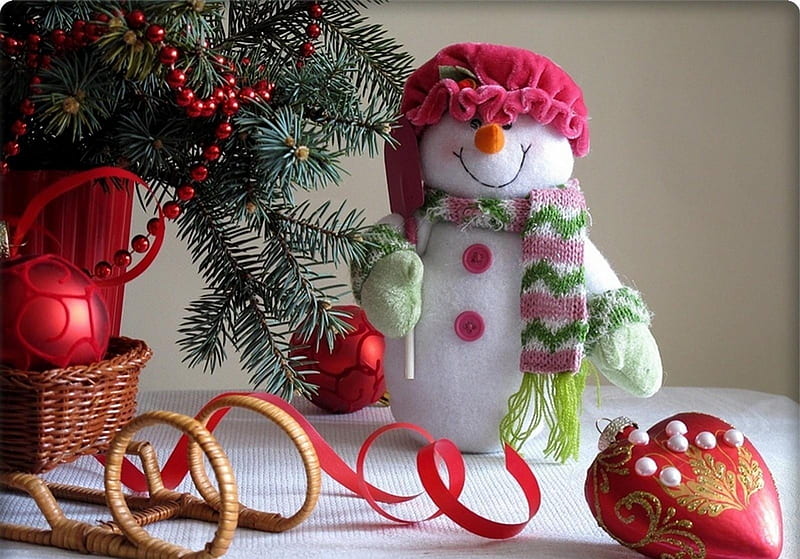 Snowman, red, ornaments, christmas, ribbon, knit, sled, hat, cute, tree, gloves, balls, heart, scarf, white, HD wallpaper