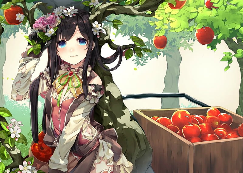 Girl, apple, ao no neko, red, wreath, manga, fruit, tree, green, anime, flower, HD wallpaper