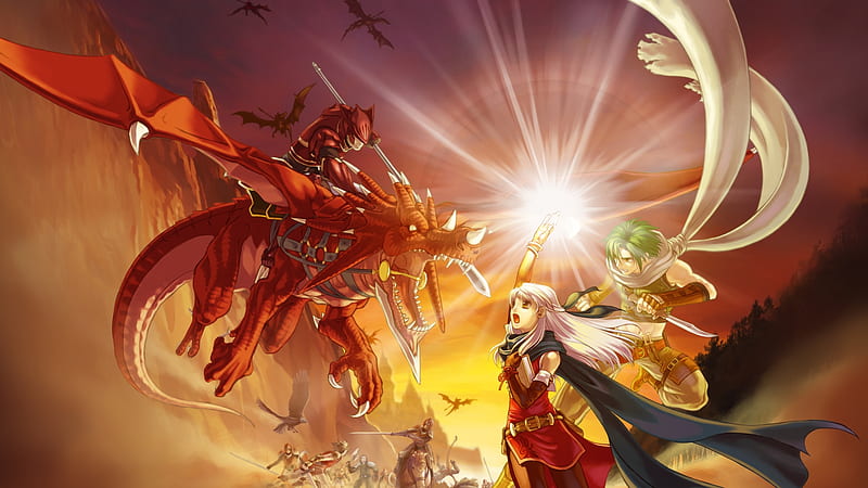 Fire Emblem: Radiant Dawn, mikaya, micaiah, dragon, knife, silver-haired maiden, radiant dawn, dracoknight, flying dragon, rogue, lance, light magic, nintendo, role-playing game, sothe, rpg, wyvern rider, fire emblem, orange scenery, silver hair, green hair, wii, light mage, knight, HD wallpaper