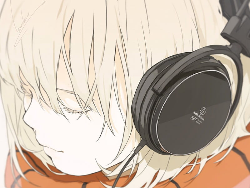Headphones, female, music, manga, short blonde hair, short hair, listening to music, girl, anime, HD wallpaper