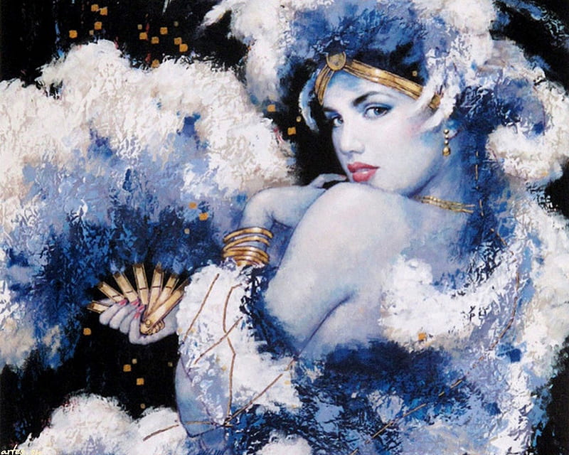 Woman In Blue, stars, fantasy, jewlery, charm, woman, blue, feathers, HD wallpaper