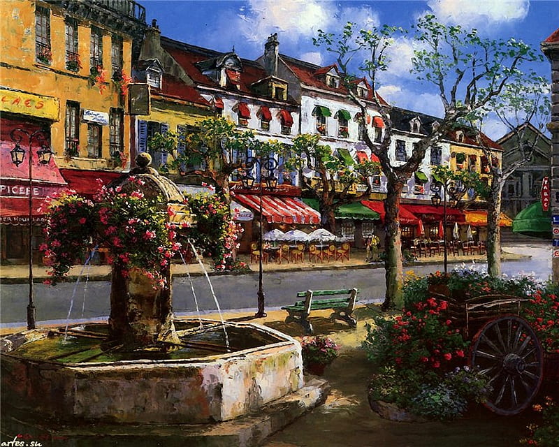 Downtown shops, fountain, tables, buildings, lamps, bench, trees, windows, water, statue, painting, shops, chairs, flowers, wheel, awnings, HD wallpaper