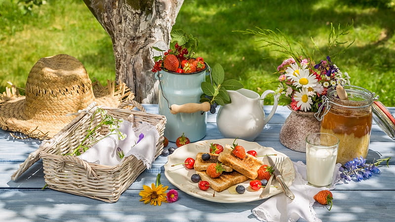 Wallpaper Picnic Jam Juice Croissant Wicker basket Food Pastry