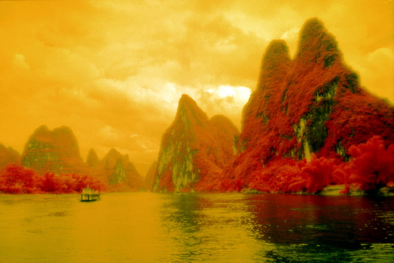 Li River, red, vergetation, boat, mountains, yellow, river, HD wallpaper