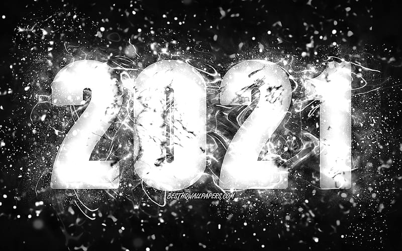 Happy New Year 2021 white neon lights, 2021 white digits, 2021 concepts, 2021 on black background, 2021 year digits, creative, 2021 New Year, HD wallpaper