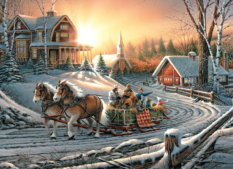 Pleasures of winter countryside, people, terry redlin, painting, horse, pictura, winter, iarna, HD wallpaper