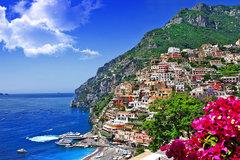 Positano, Amalfi Coast, Italy, mediterranean, houses, flower, village, coastline, sea, HD wallpaper
