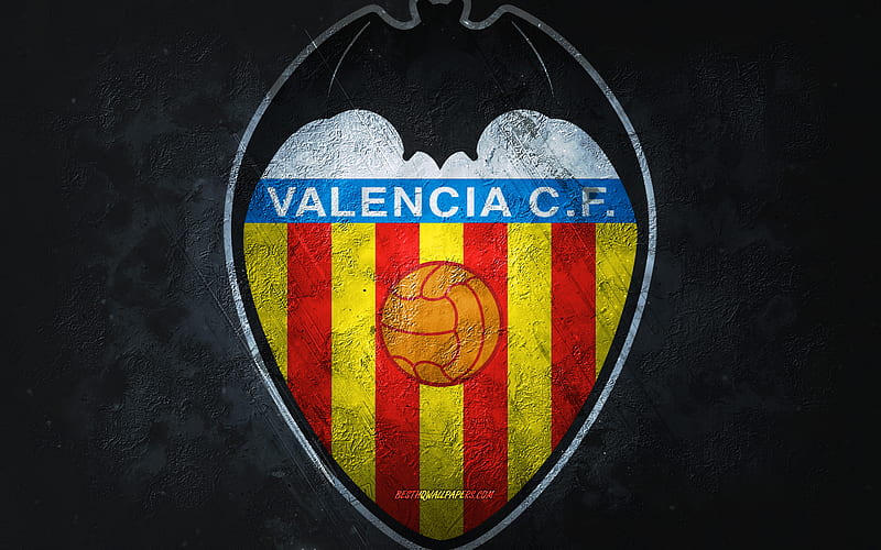 Valencia CF, Spanish football club, gray stone background, Valencia CF logo, grunge art, La Liga, football, Spain, Valencia CF emblem, HD wallpaper