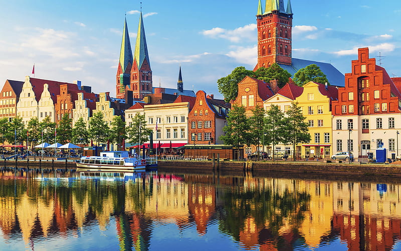 Lubeck, water channel, cityscapes, summer, german cities, Europe, Germany, Cities of Germany, Lubeck Germany, HD wallpaper