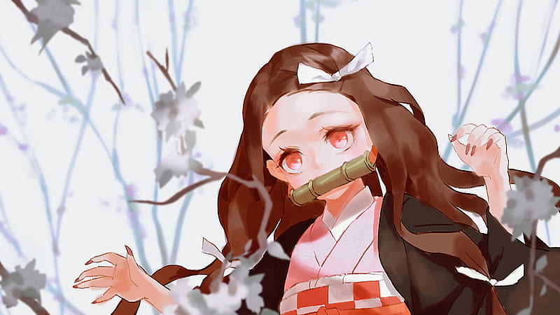 Demon Slayer Nezuko Kamado Wearing Red Dress With Background Of Sky And Dry Trees Anime, HD wallpaper