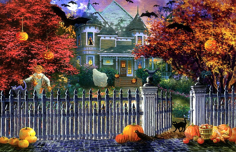 Halloween House, fall season, autumn, bats, crows, holiday, halloween, houses, haunted house, love four seasons, scarecrow, attractions in dreams, paintings, spooky, cats, pumpkins, HD wallpaper