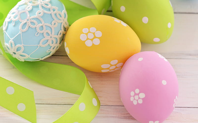 Easter eggs, painted Easter eggs, festive decoration, green silk ribbon, Easter, HD wallpaper