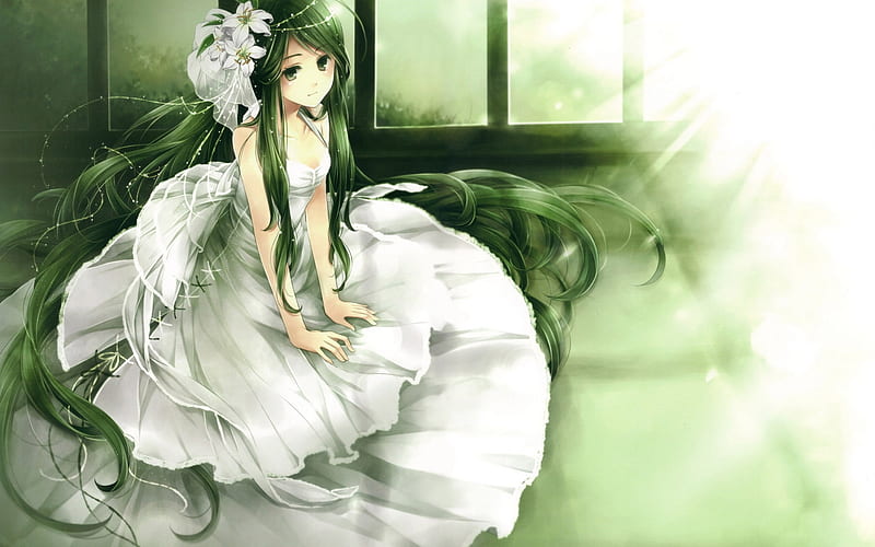 Waiting Princess, dress, pale, bonito, lonely, alone, calm, green, gentle, waiting, anime, flowers, white, princess, HD wallpaper