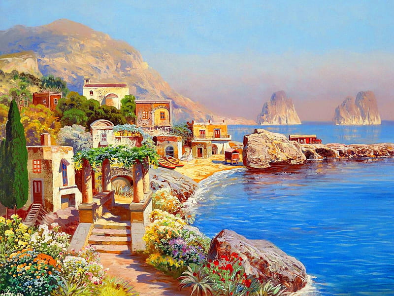 Coastal village, rocks, shore, cottages, bonito, sea, beach, mountain, painting, village, art, view, houses, town, sky, lake, peaceful, coast, HD wallpaper