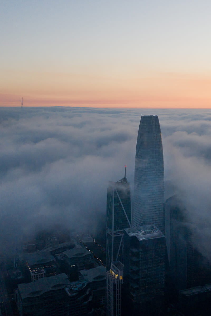 skyscraper, building, clouds, fog, city, HD phone wallpaper