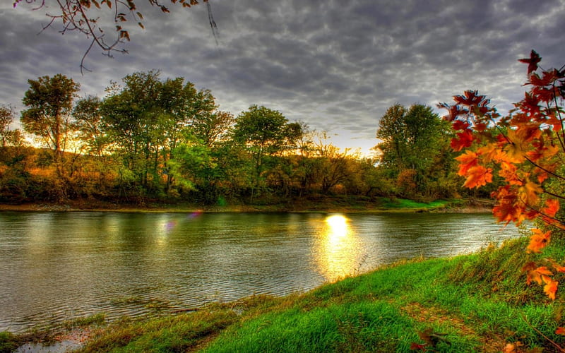wonderful riverscape r, autumn, shore, grass, river, r, sunset, trees, HD wallpaper