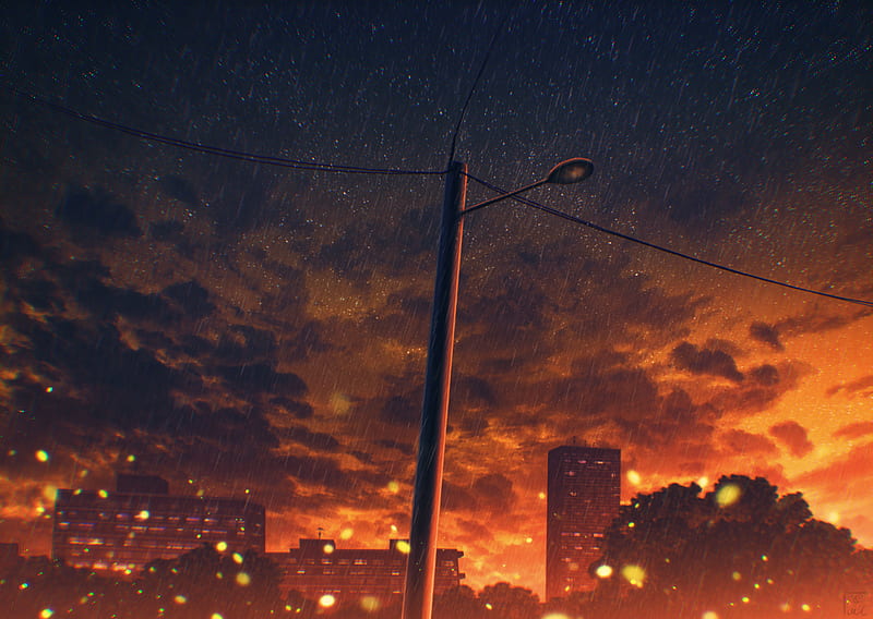 anime landscape, sunset, clouds, scenery, buildings, Anime, HD wallpaper