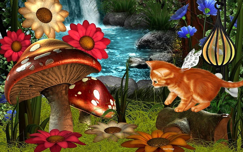Fairy Kitty, rocks, red, grass, orange, yellow, fantasy, green, waterfall, flowers, pink, fairy, blue, wings, kitty, tabby, cat, cute, water, mushrooms, kitten, white, HD wallpaper
