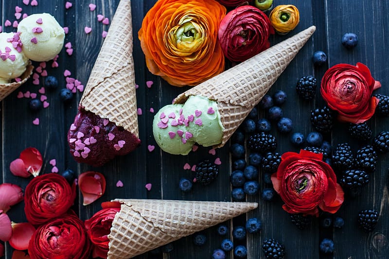 Food, Blueberry, Ice Cream, Still Life, Blackberry, Flower, Berry, Fruit, Waffle Cone, HD wallpaper