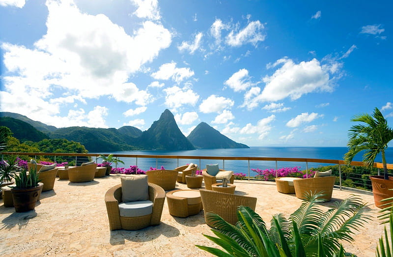 Beautiful View, islands, view, ocean, bonito, st lucia, caribbean, sea, lagoon, beach, west indies, mountains, island, blue, HD wallpaper