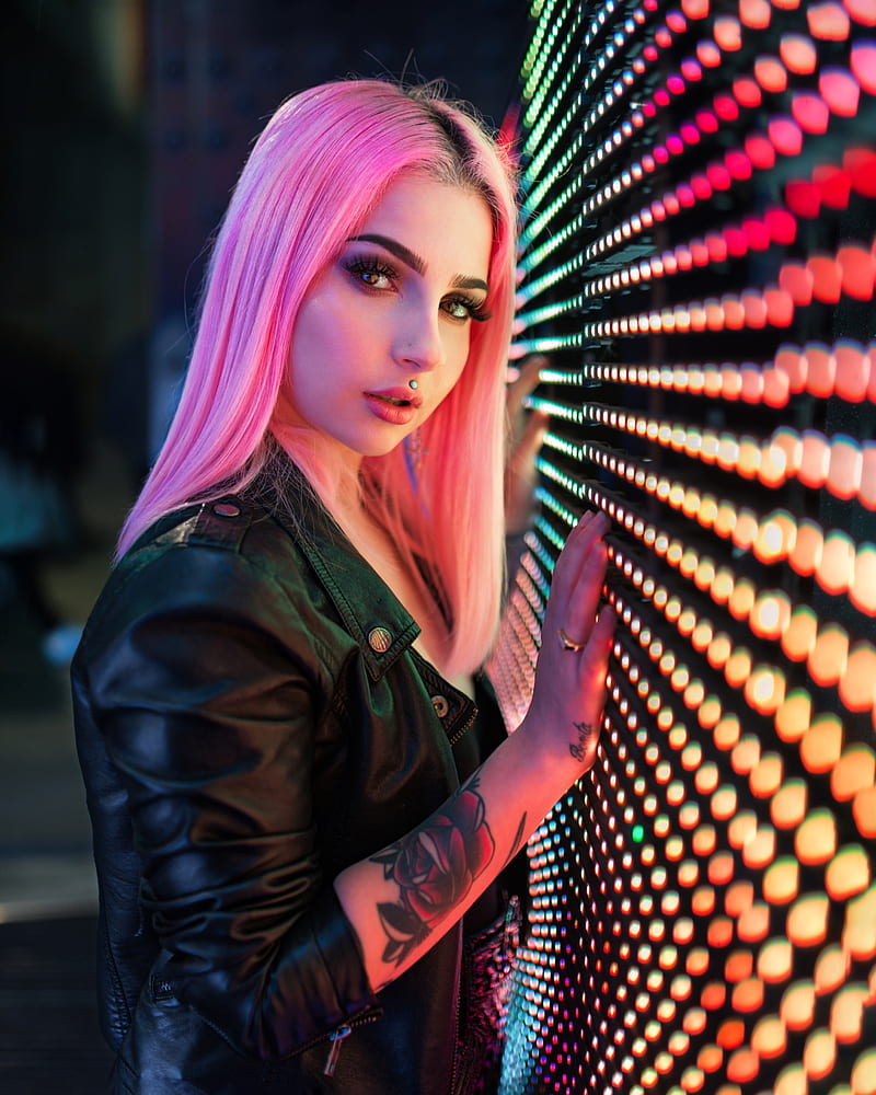 women, model, pink hair, dyed hair, straight hair, looking at viewer, brown eyes, piercing, parted lips, tattoo, Gustavo Terzaghi, HD phone wallpaper