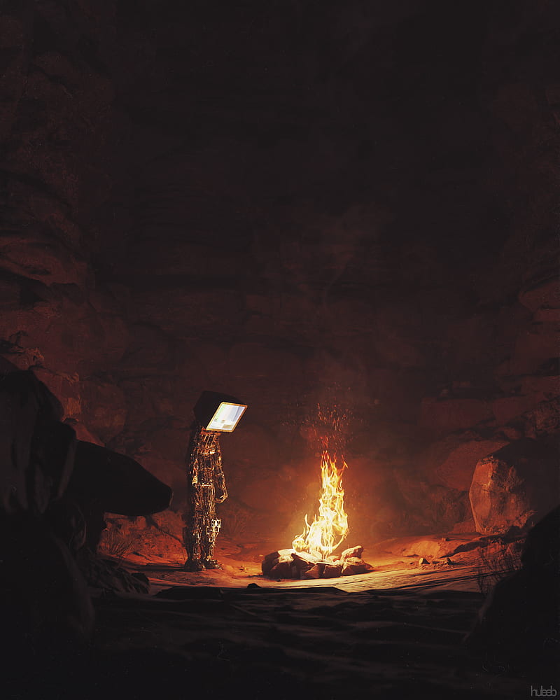 android, screen, bonfire, fire, cave, dark, HD phone wallpaper