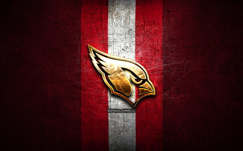 Arizona Cardinals Rams, golden logo, NFL, red metal background, american football club, Arizona Cardinals logo, american football, USA, HD wallpaper