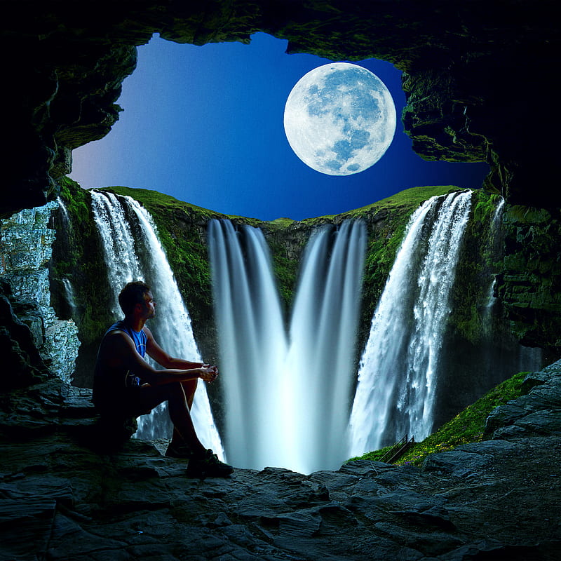 Moon, hop, cave, fullmoon, man, mountain, waterfall, HD phone wallpaper