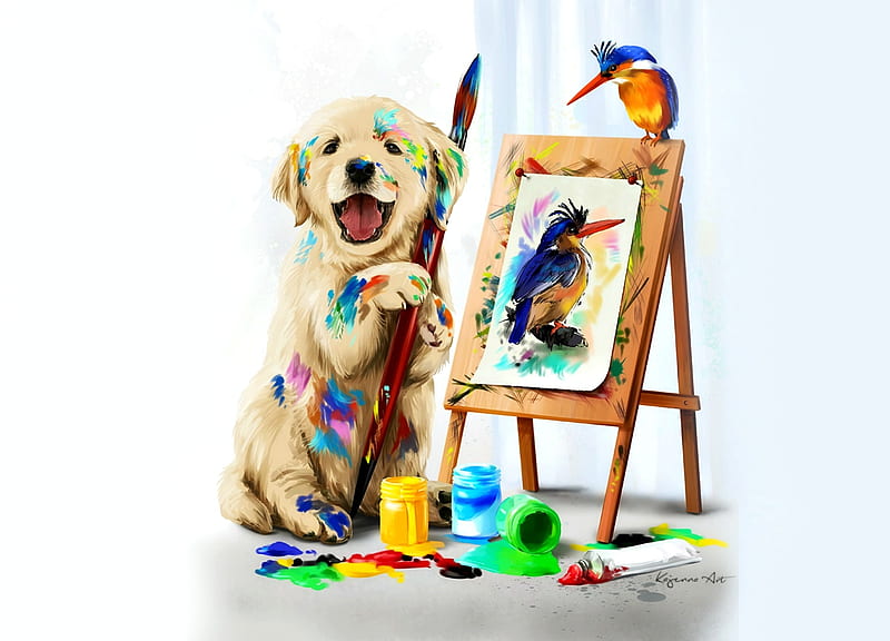 Vinton van Dogh, art, lorri kajenna, pasare, caine, cute, kingfisher, fantasy, bird, painter, funny, puppy, dog, HD wallpaper