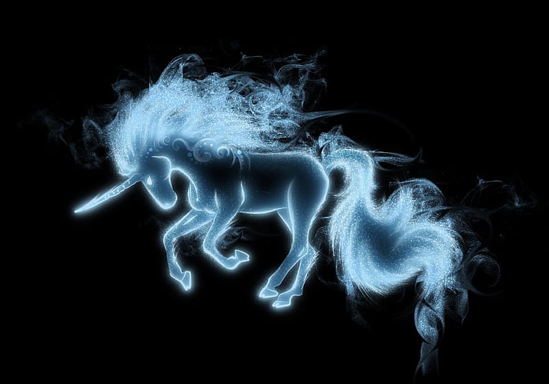 Unicorn, luminos, harry potter, black, animal, spirit, fantasy, tribalchick101, patronus, blue, HD wallpaper