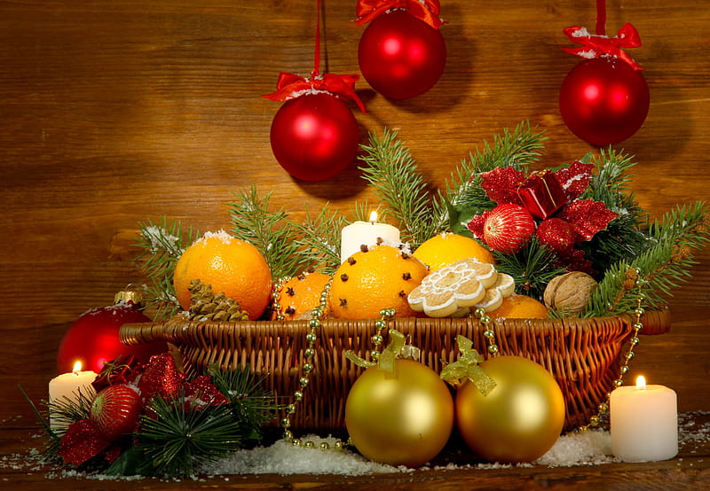 Xmas, merry, balls, christmas, decoration, basket, oranges, HD wallpaper