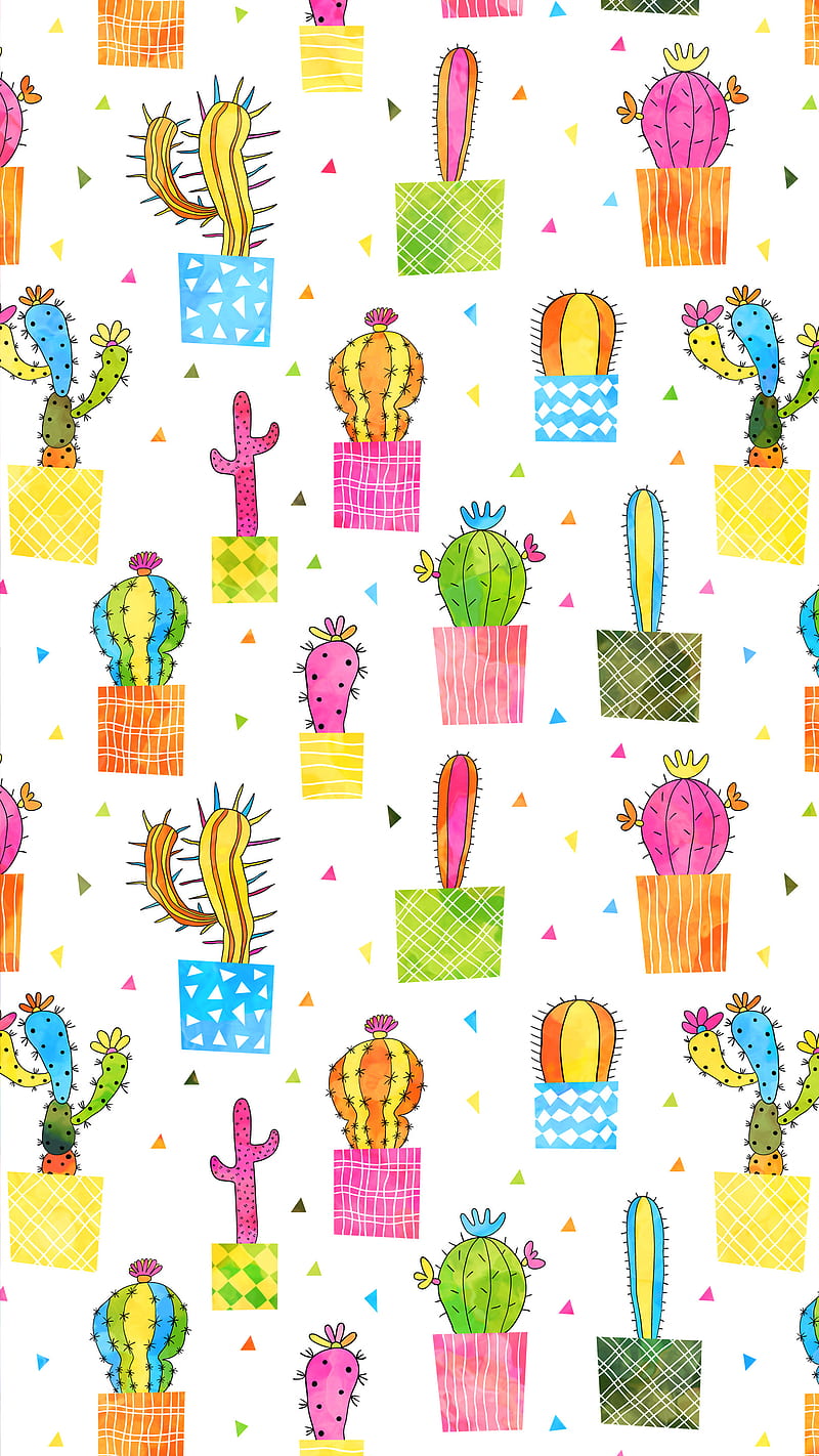 Colorful Cactus , Pravokrug, abstract, art, botany, cacti, creative, cute, desert, doodle, drawing, floral, flower, garden, geometric, hand drawn, houseplant, line, modern, motif, nature, pattern, plant, pot, simple, spike, succulent, trendy, triangle, tropical, watercolor, HD phone wallpaper