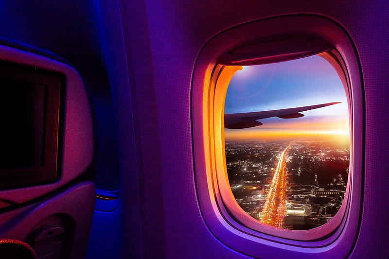 airplane, porthole, window, overview, city, HD wallpaper