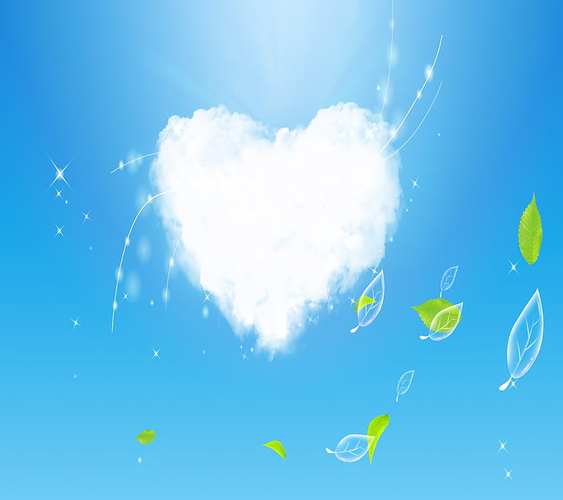 heart leaves, background, blue, cool, crystal, sky, white, HD wallpaper