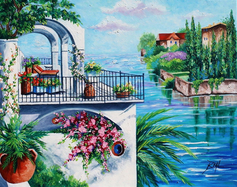Mediterranean Villa, water, houses, painting, nature, coast, sea, landscape, HD wallpaper